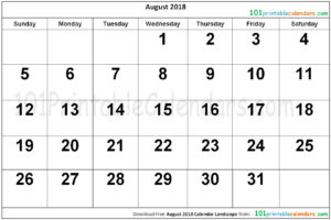 August 2018 Calendar Landscape