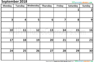 September 2018 Calendar Excel