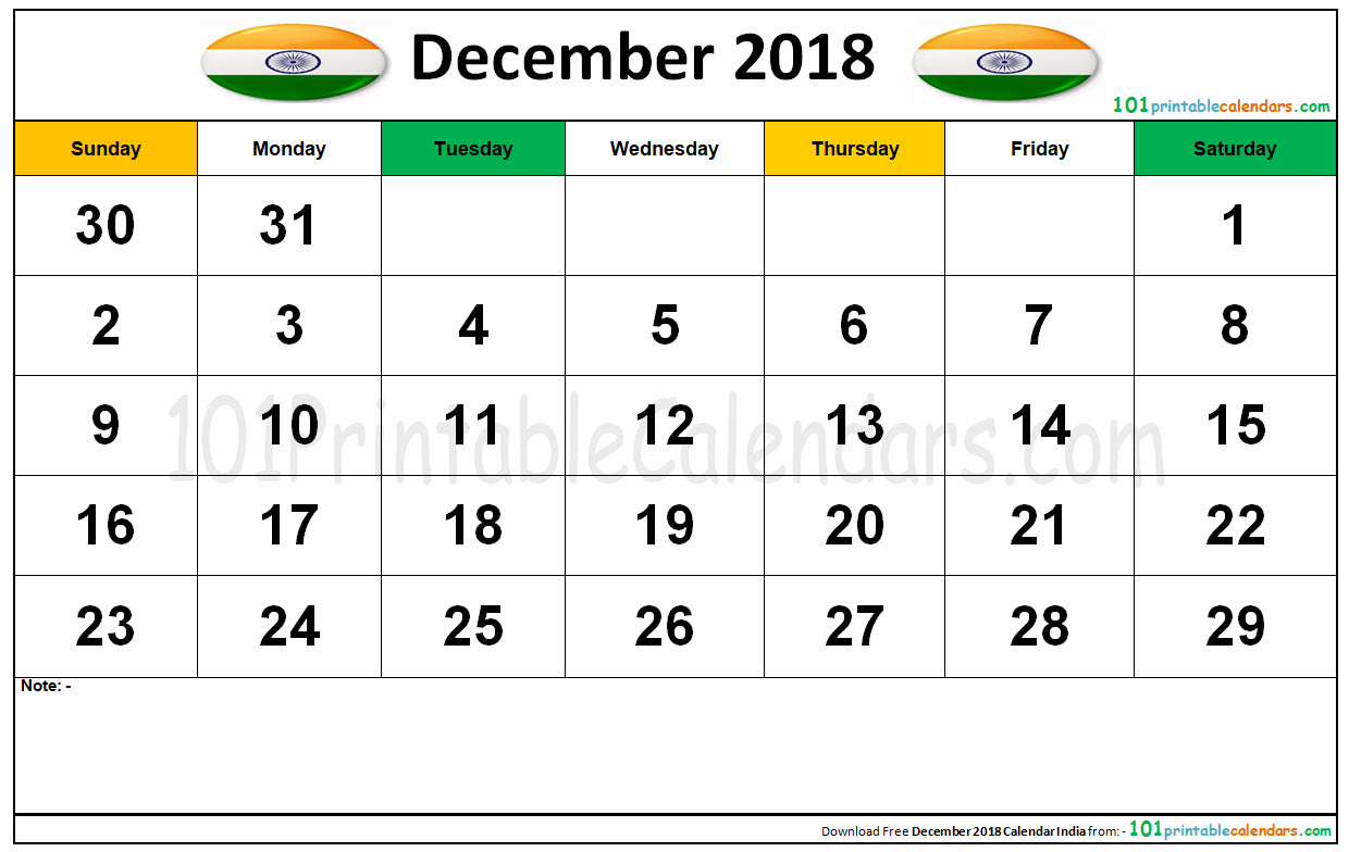 December 2018 Calendar India