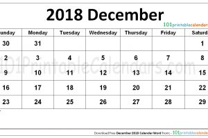 December 2018 Calendar Word