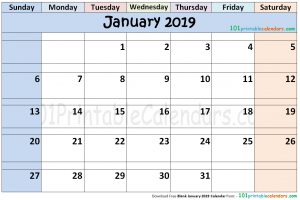 Blank January 2019 Calendar