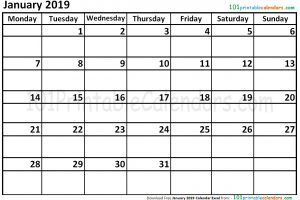 January 2019 Calendar Excel
