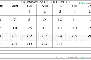 Calendar for October 2019