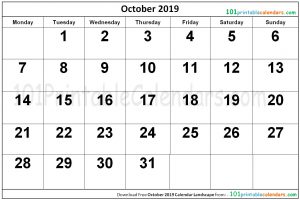 October 2019 Calendar Landscape