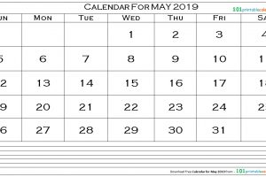 Calendar for May 2019