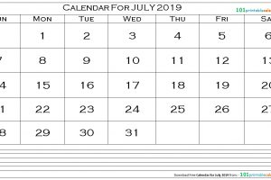 Calendar for July 2019
