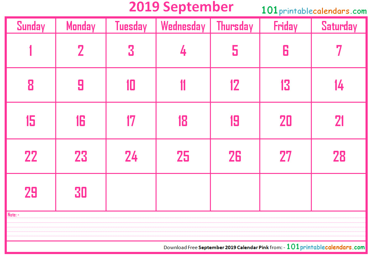September 2019 Calendar Pink