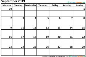 September 2019 Calendar Excel