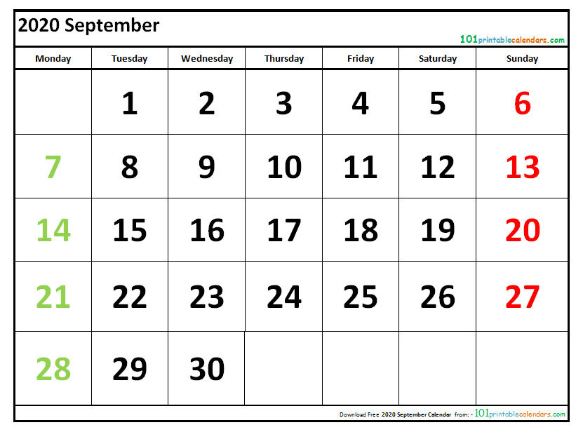 2020 September Calendar