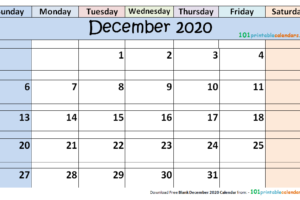 Blank December 2020 Calendar