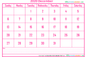 December 2020 Calendar Pink