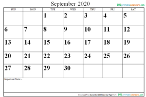 September 2020 Calendar Page
