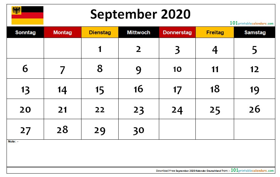 September 2020 Kalender Deutschland