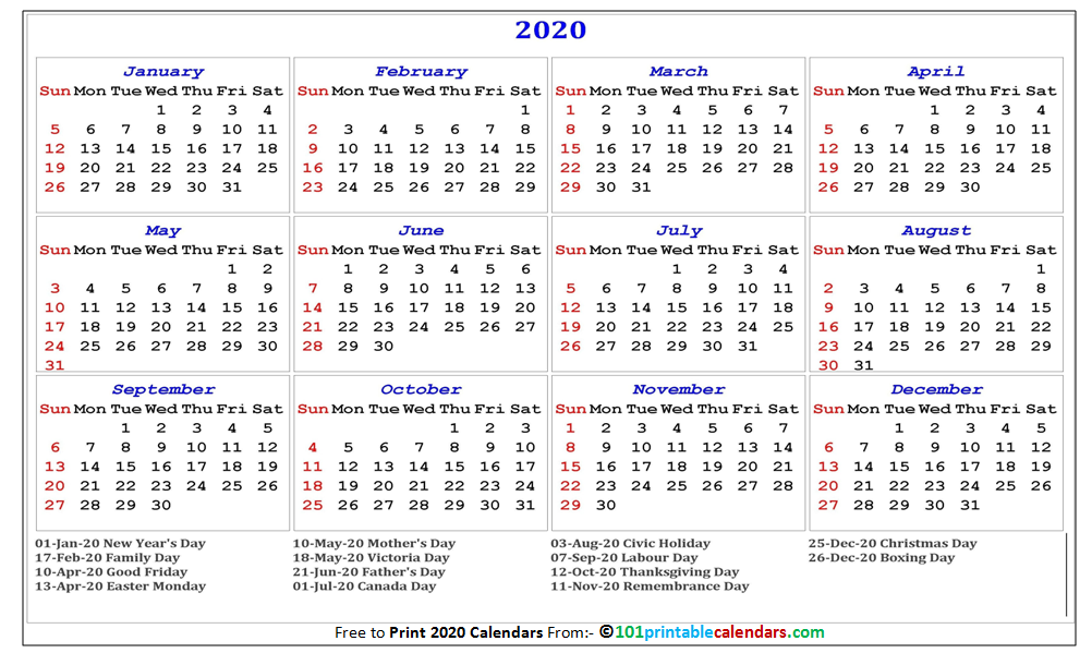 2020 Holidays Calendar