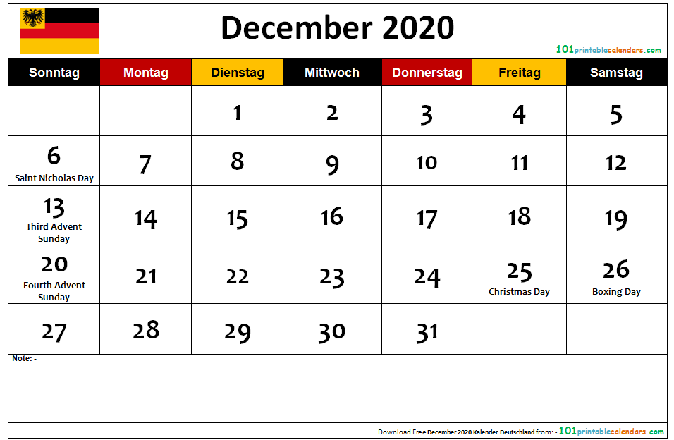 December 2020 Calendar Deutschland