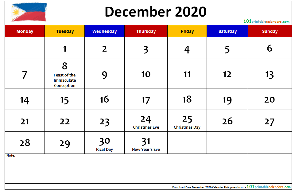 December 2020 Calendar Philippines