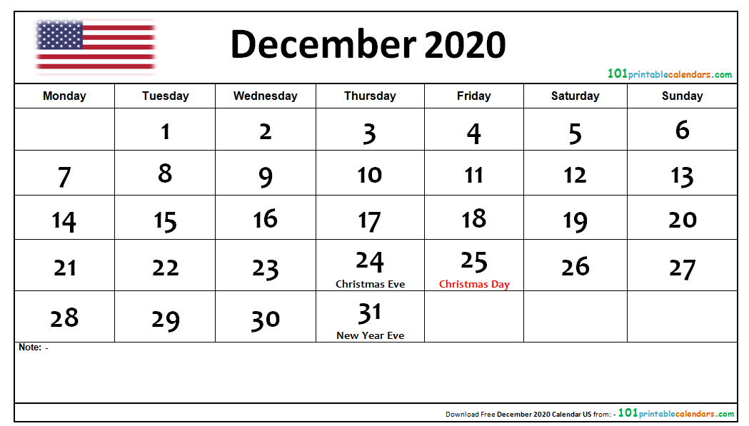 December 2020 Calendar US