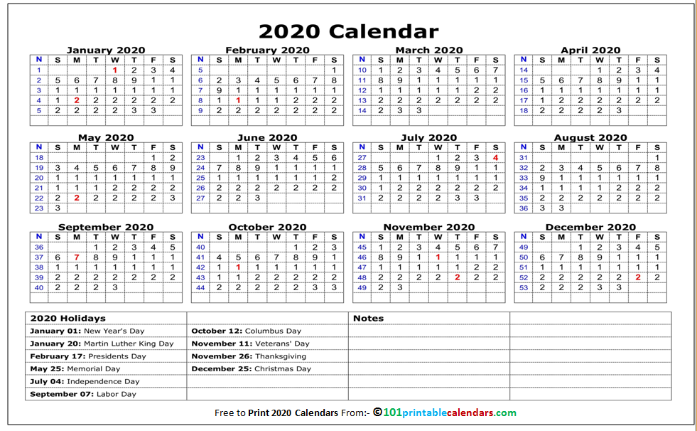 Print 2020 Blank Calendar