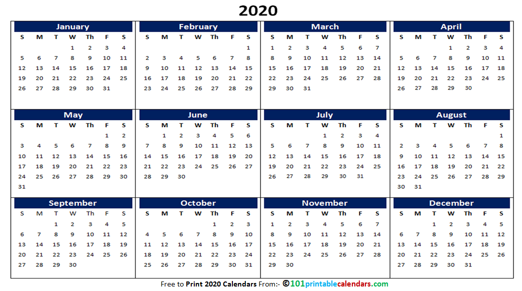 Yearly 2020 Calendar Printable